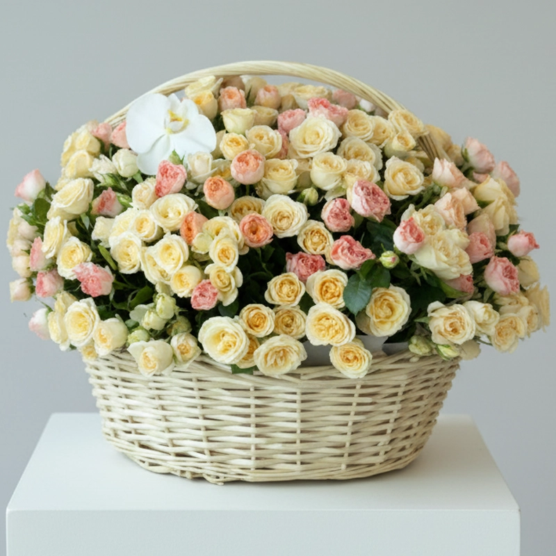 Bombastic Peach & Pink Baby Roses Basket